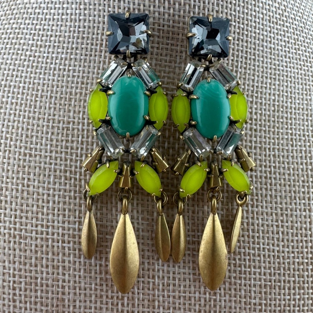 Stella & Dot Earrings Chandelier Dangle Green Lime Brass Tone Boho brass tone - Picture 2 of 4